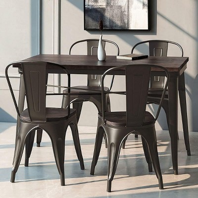Gunmetal Stackable Metal Dining Chairs with Wood Seat, Set of 4