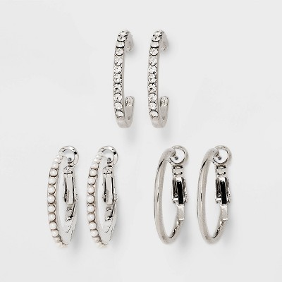 Simulated Pearl and Stone Hoop Earring Set 3pc - Wild Fable™ Silver: Post & Hinge Closure, Nickel-Free, Iron & Zinc Alloy