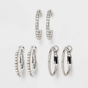 Simulated Pearl and Stone Hoop Earring Set 3pc - Wild Fable™ Silver: Post & Hinge Closure, Nickel-Free, Iron & Zinc Alloy - 1 of 2