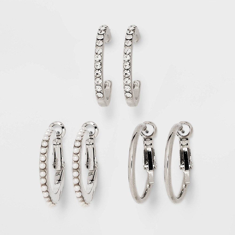 Photos - Earrings Simulated Pearl and Stone Hoop Earring Set 3pc - Wild Fable™ Silver metal