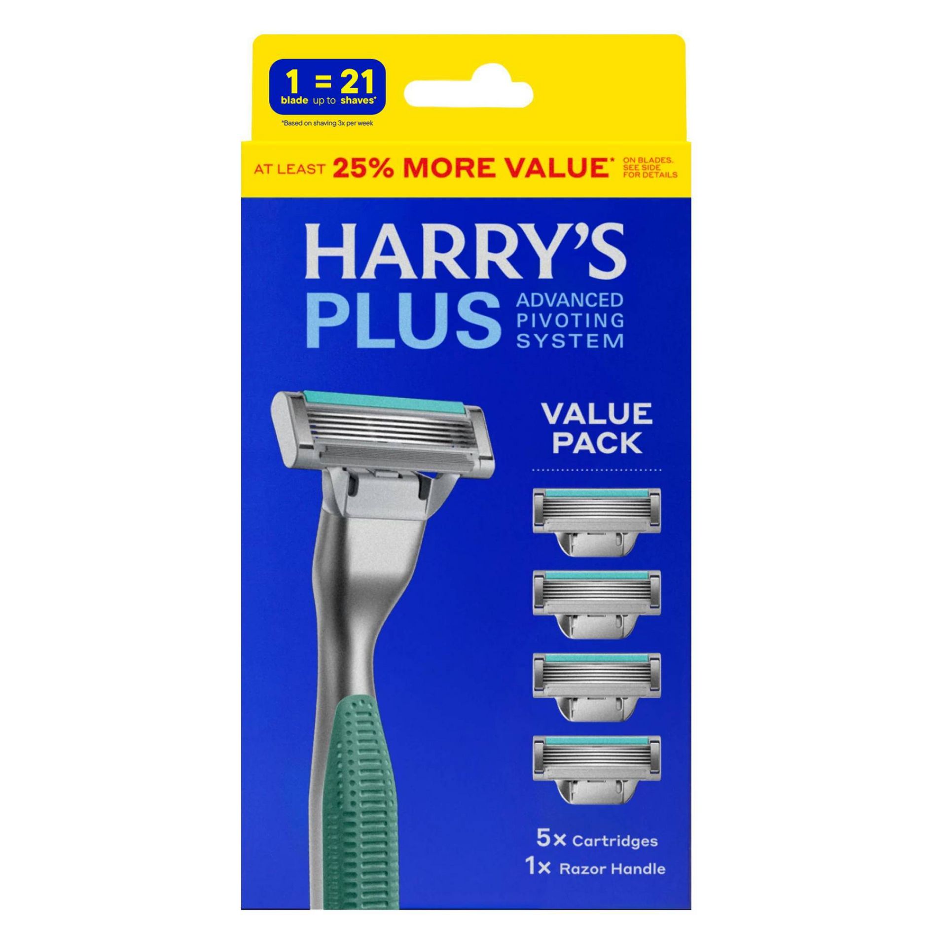 Harry's Plus Men's Razor Handle with 5 Razor Blade Cartridges - Moss Green: Whole Body, All Hair Types, Manual, Reusable