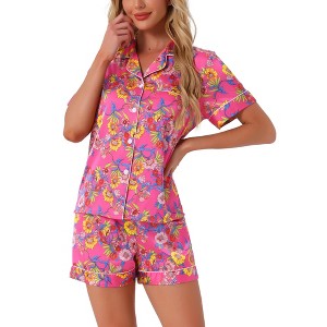 cheibear Women's Summer Short Sleeves Button Down Shirt with Shorts Pajamas Sets - 1 of 4