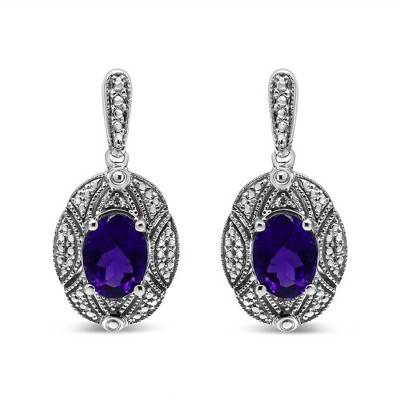 Haus of Brilliance Silver Diamond Accent and 8x6mm Purple Oval Amethyst Stud Earrings