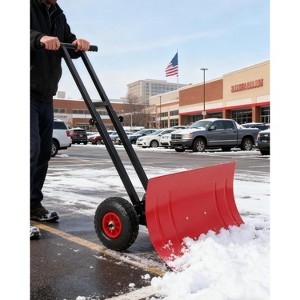 Wheeled Snow Plow Shovel, Heavy-Duty Steel Black Blade with Double Handle, Back Saver Pusher for Snow Removal on Driveway, Sidewalks and Doorways - 1 of 4