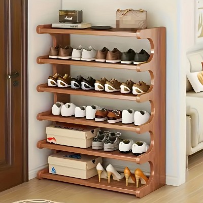 Hrinhom 27.6"W 6-Tier Bamboo Wood Shoe Rack with Thickened Partitions and Rounded Curved Corners
