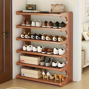 Hrinhom 27.6"W 6-Tier Bamboo Wood Shoe Rack with Thickened Partitions and Rounded Curved Corners - 1 of 4