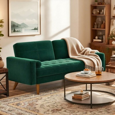 Dyonery 3 Seater Velvet Sofa Couch for Bedroom,68 In Loveseat Sofa with Tufted Seat Cushion and Bolster,Mid Century Modern Couch with Solid Wood Legs