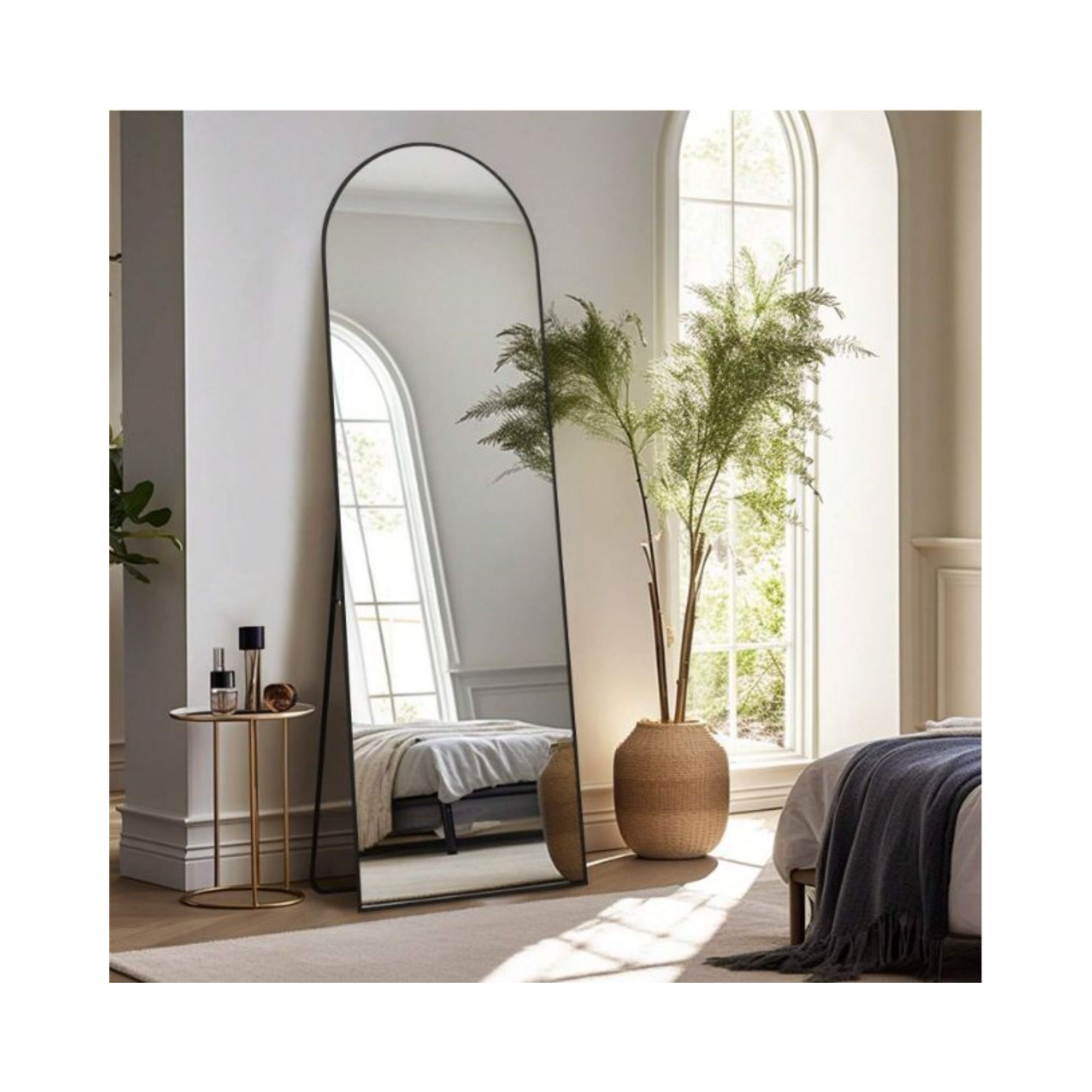 18" x 58" Full Length Arched Floor Mirror, Black-HOMLUX: Freestanding Design, Metal Frame