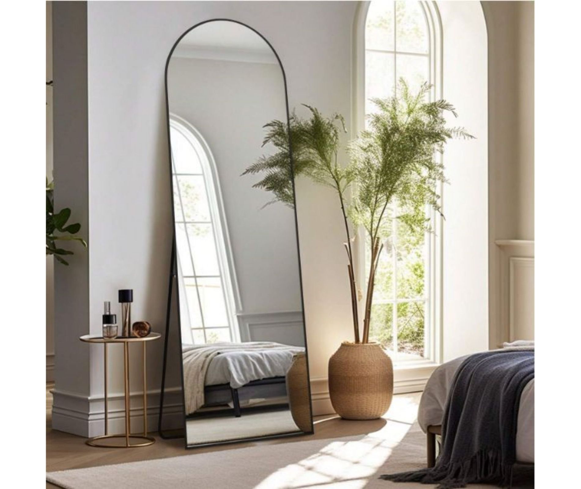 18" x 58" Full Length Arched Floor Mirror, Black-HOMLUX: Freestanding Design, Metal Frame
