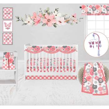 Bacati - Watercolor Floral Coral Gray 10 pc Girls Baby Crib Bedding Set with Long Rail Guard Cover 100% cotton fabrics