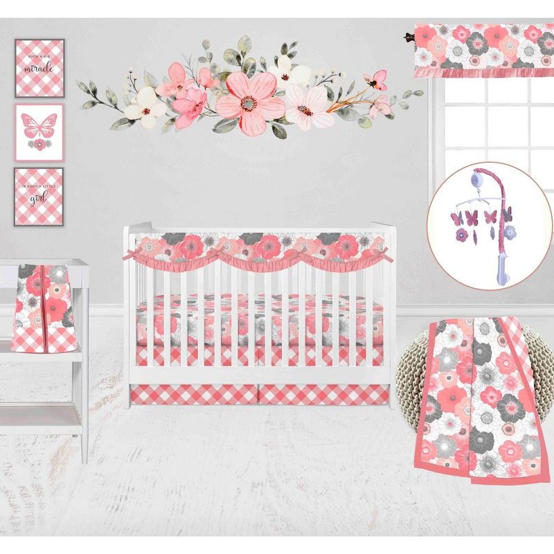 Bacati - Watercolor Floral Coral Gray 10 pc Girls Baby Crib Bedding Set with Long Rail Guard Cover 100% cotton fabrics, 1 of 12