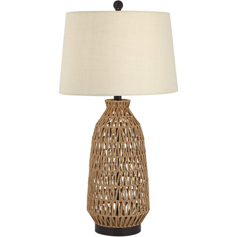 360 Lighting San Carlos Modern Coastal Table Lamp 29" Tall Natural Rattan Wicker with USB Cord Dimmer Oatmeal Fabric Shade for Bedroom Living Room, 1 of 9