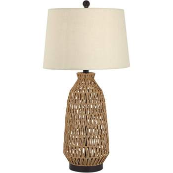 360 Lighting San Carlos Modern Coastal Table Lamp 29" Tall Natural Rattan Wicker with USB Cord Dimmer Oatmeal Fabric Shade for Bedroom Living Room