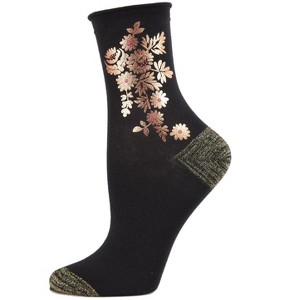 Memoi Gilded Roses Metallic Floral Cotton Blend Crew Socks Black 9-11 - 1 of 2