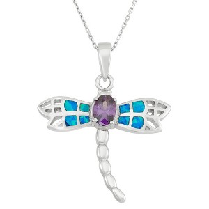 Opalata Sterling Silver Blue Inlay Opal Dragonfly w/ Center Oval Amethyst CZ 18" Pendant Necklace - Silver - 1 of 2