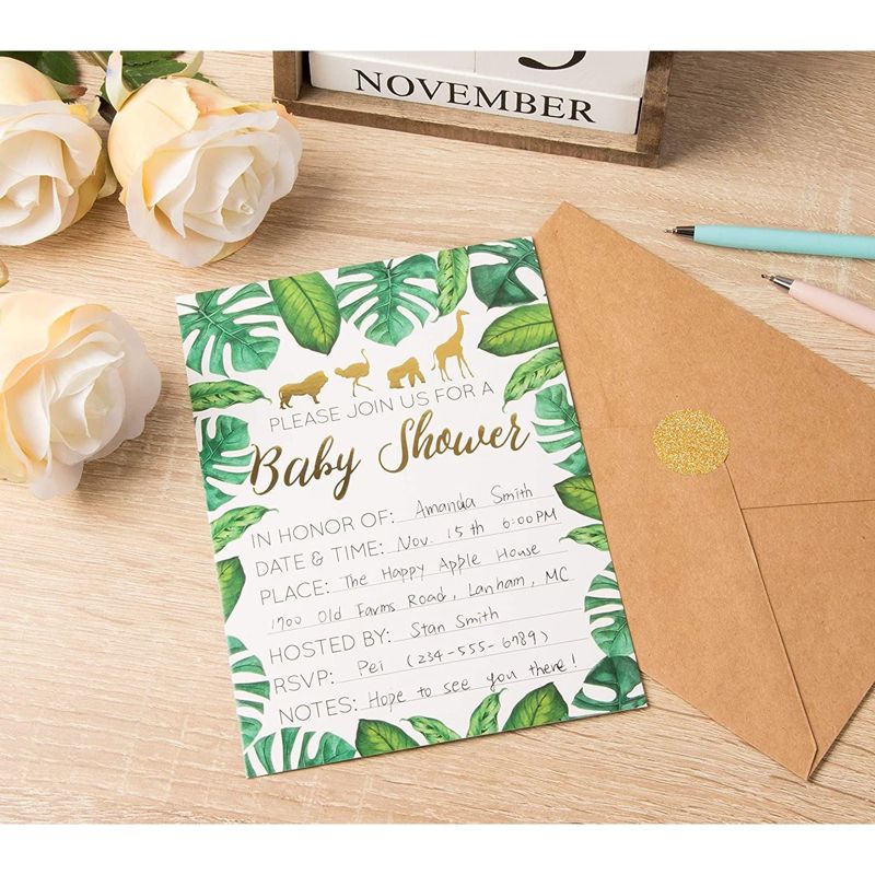 Juvale 36-Pack Baby Shower Invitation with Envelopes, Gold Foil Tropical Animal Designs (5 x 7 In), 3 of 9