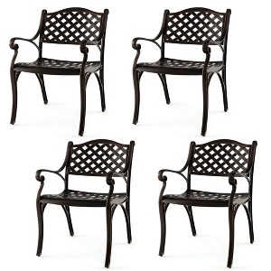 Costway 2/4 PCS Cast Aluminum Patio Chairs Set of 2 All Weather Outdoor Dining Chairs with Armrests Bronze - 1 of 4