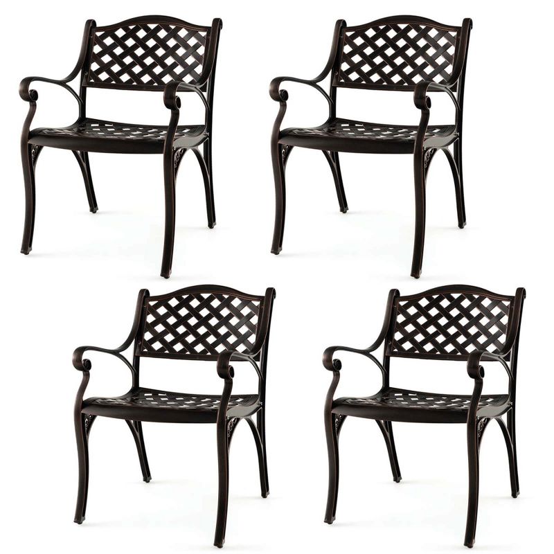 Costway 2/4 PCS Cast Aluminum Patio Chairs Set of 2 All Weather Outdoor Dining Chairs with Armrests Bronze, 1 of 10