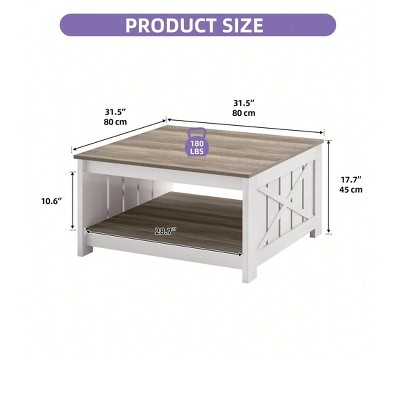 Farmhouse Square Coffee Table Grey Wash Cocktail Center Sofa End Table with Bottom Shelf For Living Room