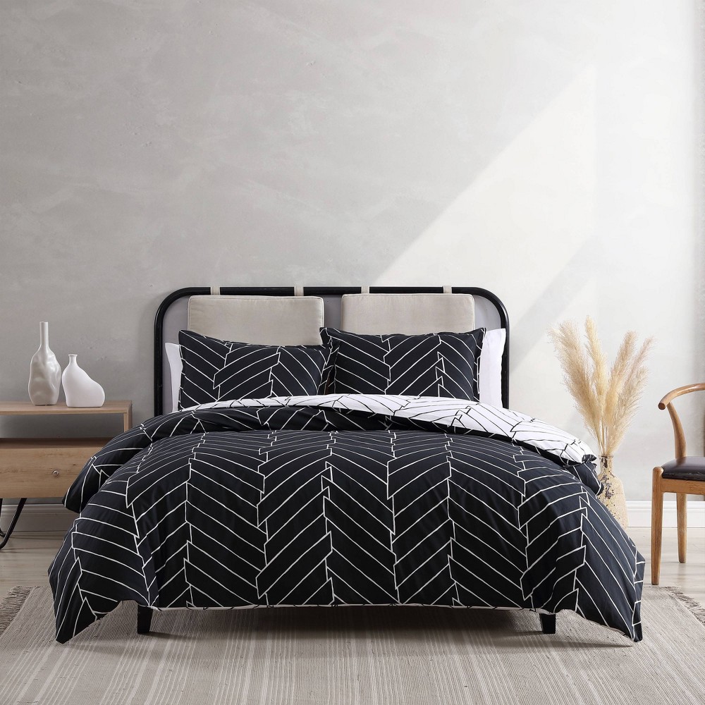 Photos - Bed Linen 3pc Full/Queen Ceres 100 Cotton Duvet Set Black - City Scene