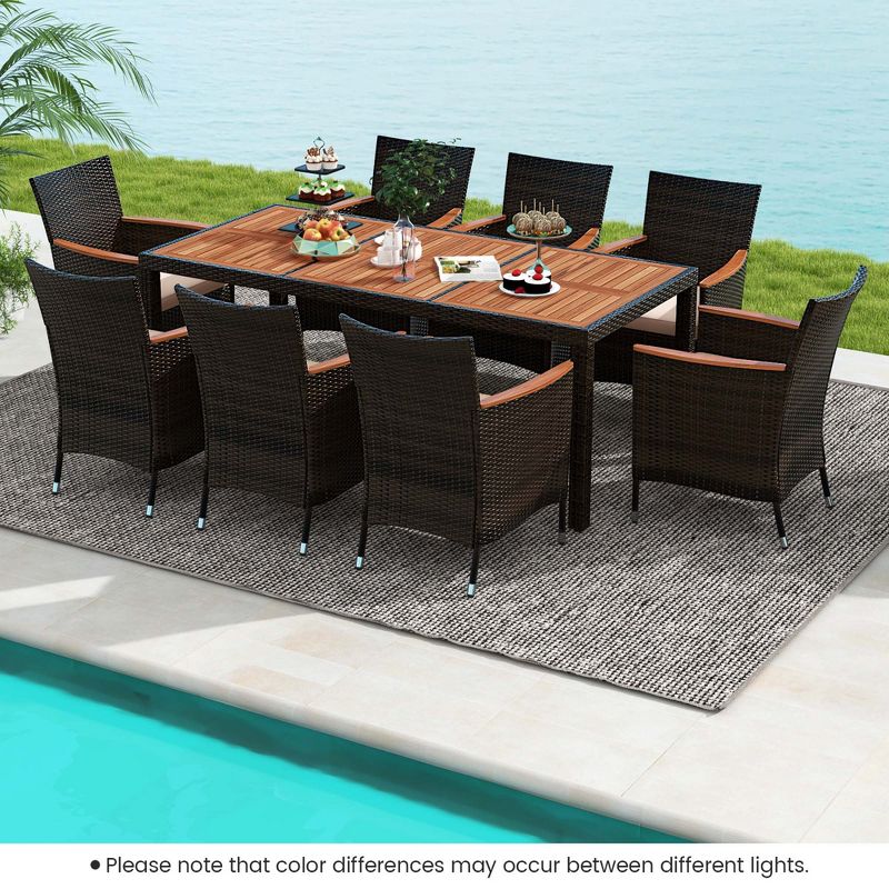 Costway 9PCS Patio Wicker Dining Set Acacia Wood Table Top Umbrella Hole Cushions Chairs, 4 of 11