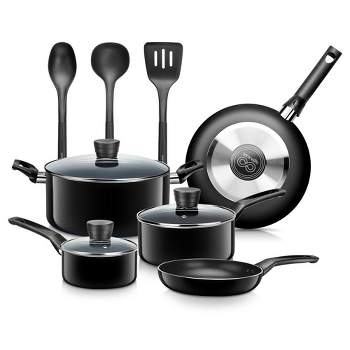 SereneLife 11 Piece Kitchenware Pots & Pans Set – Basic Kitchen Cookware, Black Non-Stick Coating Inside, Heat Resistant Lacquer (Black)