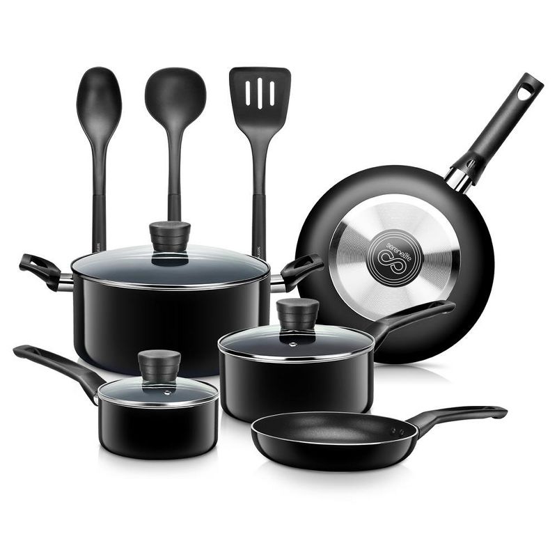 SereneLife 11 Piece Kitchenware Pots & Pans Set – Basic Kitchen Cookware, Black Non-Stick Coating Inside, Heat Resistant Lacquer (Black), 1 of 7