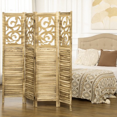 Medium Brown Wood 5.5' Folding 4-Panel Room Divider with Baroque Print