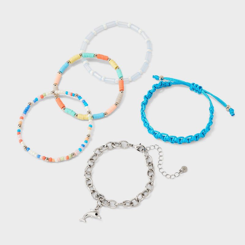Beaded and Dolphin Mixed Bracelet Set 5pc - Wild Fable&#8482; Silver/Blue, 4 of 6