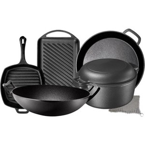 Bruntmor Pre Seasoned Cast Iron 7 Piece Bundle Kitchen Cooking Or Camping Cooking Set, Black - 1 of 4