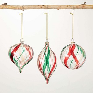 Green Red Striped Ornament Multicolor 4"H Glass Set of 3 - 1 of 2