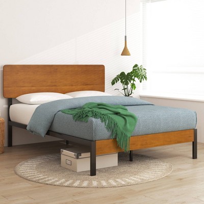 Twin Brown Wood and Metal Platform Bed Frame with Headboard
