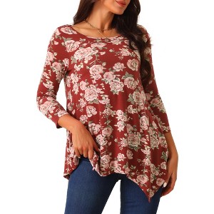 Seta T Women's Scoop Neck 3/4 Sleeve Asymmetrical Hem Floral Tunic Blouse Tops with Pockets - 1 of 4