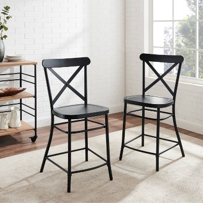 French Industrial Revival Matte Black Steel Counter Stools, Set of 2
