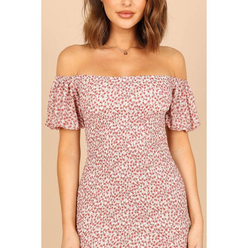 Petal and Pup Womens Claire Shirred Bodycon Off Shoulder Midi Dress, 3 of 6