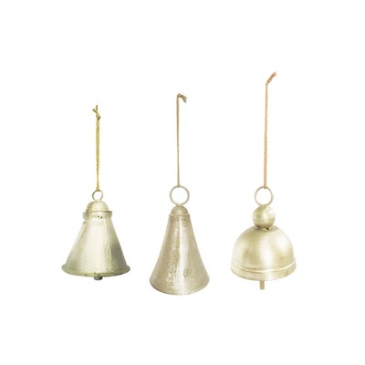 Storied Home Hanging Metal Bells on a Gold String, Distressed Pewter Finish, Set of 3