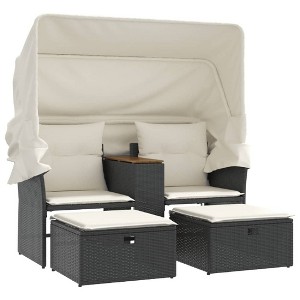 vidaXL Patio Sofa 2-Seater with Canopy - Black Poly Rattan Loveseat, Integrated Table, Stools, and Washable Cushions - 1 of 4