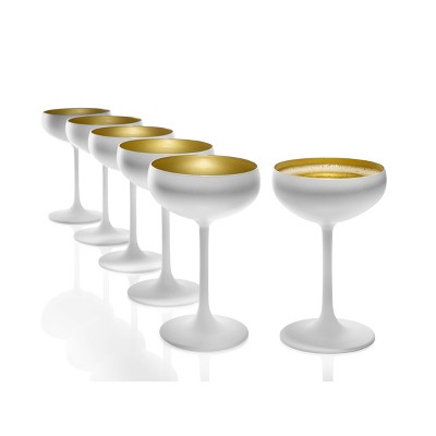 Set of 6 White and Gold Crystal Champagne Coupe Glasses