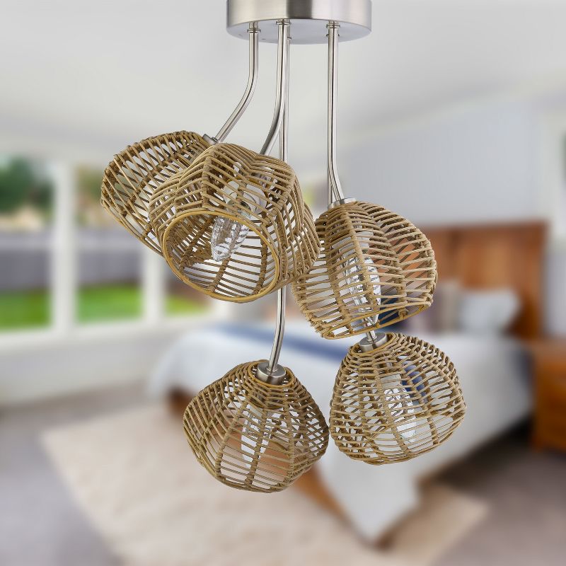 20.5&#34;Mila High Brushed Nickel Iron Shaded Five Branch Ceiling Light with Rattan Shades - River of Goods, 4 of 11