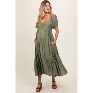 Pinkblush Olive Ruched Sweetheart Neck Tiered Maternity Midi Dress - 1 of 4