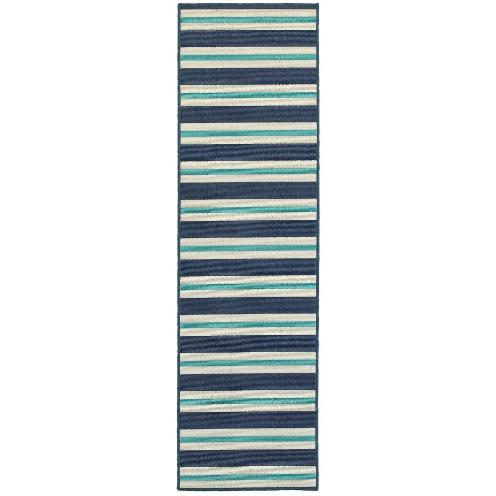 2'3inx7'6in Marlowe Striped Patio Rug Blue/Ivory