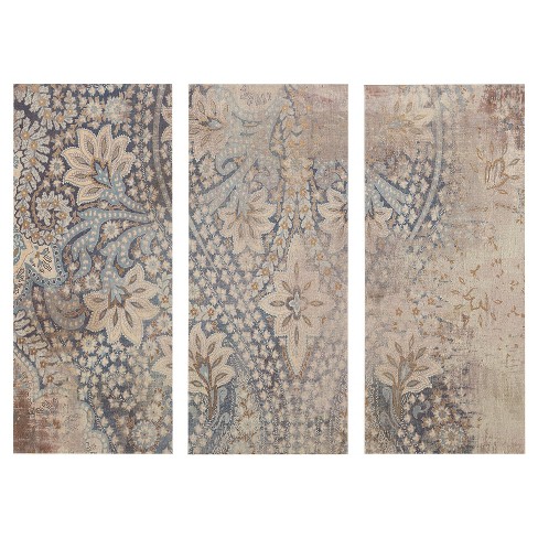 (Set of 3) 15 x 35 Weathered Damask Walls Printed Linen Blue