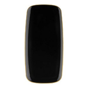 Smarty Had A Party 10.6" x 5" Black w/ Gold Rim Rectangular Plastic Plates - 50 pcs - 1 of 4