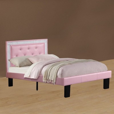 Royal Hampton And Sheeny Wooden Full Bed With Pink PU Tufted Head Board, Pink Finish