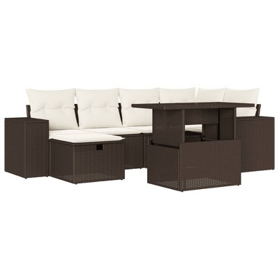 vidaXL 7 Piece Patio Sofa Set with Cushions Brown Poly Rattan - Brown and cream without storage 1