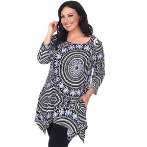 Women's Plus Size 3/4 Sleeve Printed Maji Tunic with Pockets - White Mark - 1 of 3