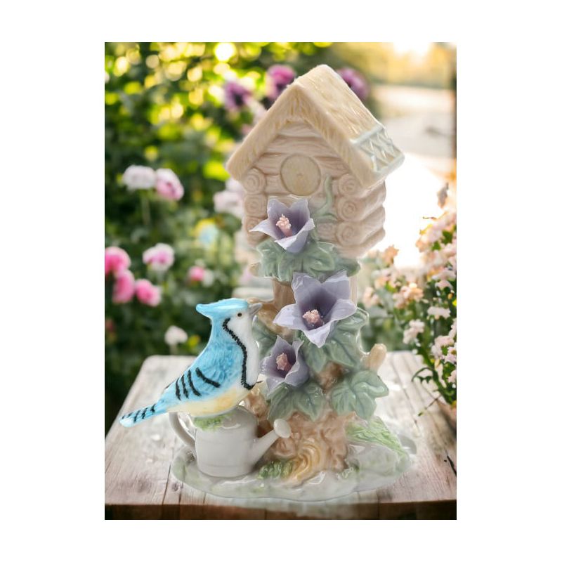 Kevins Gift Shoppe Ceramic Blue Jay Bird near Birdhouse with Flowers Figurine, 3 of 4