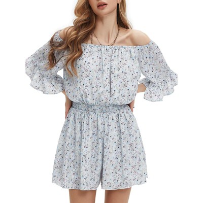 EXLURA Women's Summer Floral Romper Dress Off Shoulder Ruffle Elastic Wasit Wide Leg Shorts Jumpsuit Vacation Beach 2025