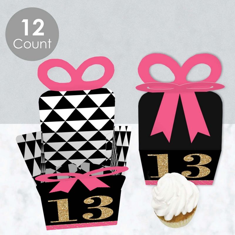 Big Dot of Happiness Chic 13th Birthday - Pink, Black and Gold - Square Favor Gift Boxes - Birthday Party Bow Boxes - Set of 12, 3 of 9