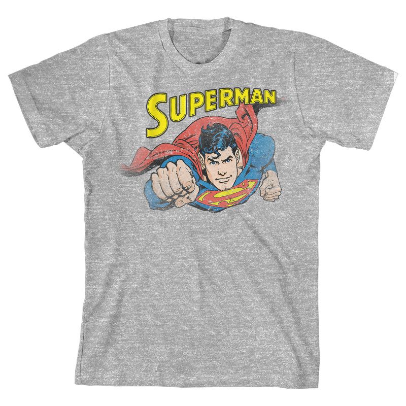 Superman Superhero in Flight Vintage Art Boy's Athletic Heather T-shirt, 1 of 2